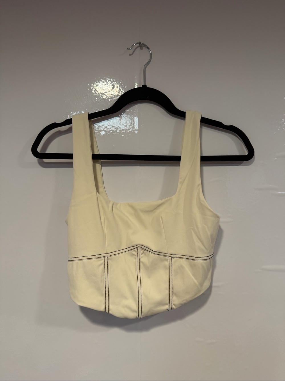 Cream Olivaceous Corset Style Square-Neck Crop Tank Top with Contrast Stitching